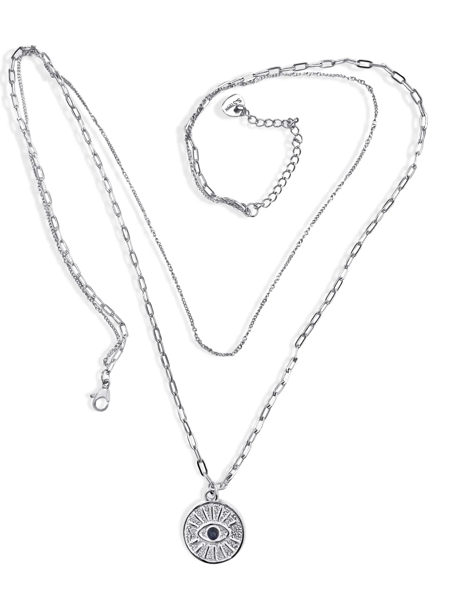 Κολιέ γυναικείο, από ανοξείδωτο ατσάλι, διπλό, 43 εκατοστά+5εκατοστά αλυσίδα επέκτασης η κοντή αλυσίδα, με πέτρα λάπις & ματάκι βασκανίας, silverline, 0330342601